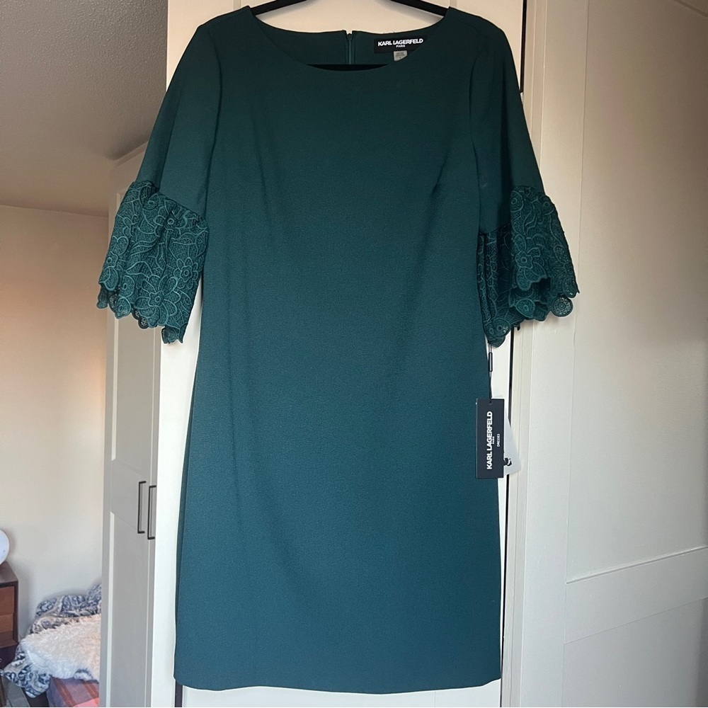 Karl Lagerfeld Paris Hunter Green Lace Bell Sleeve Crepe Sheath Dress Size 8